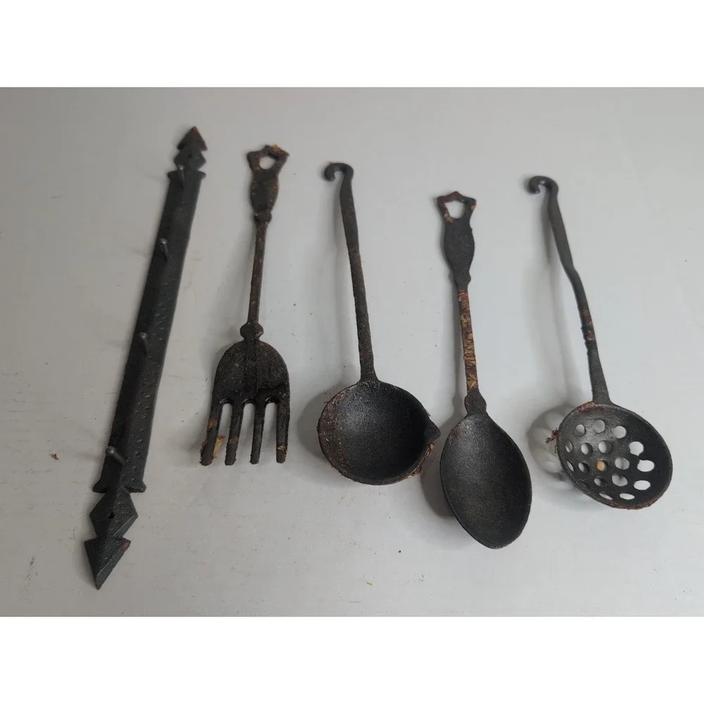 Lot Of 5 Vintage Cast Iron Kitchen Tools Taiwan Smelting Spoon Fork Hooks
